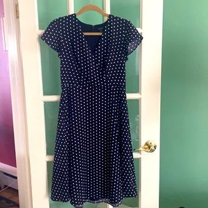 NWOT Ann Taylor Factory, V-Neck Flare Dress, Size 2, Black, White, Tan Polka Dot